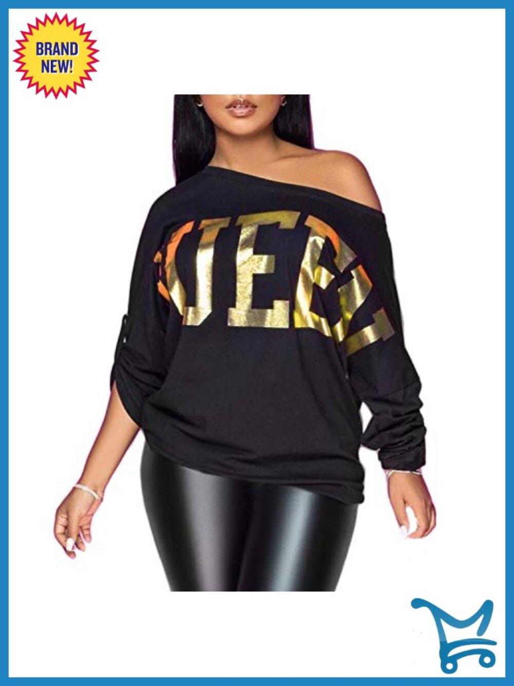 Off Shoulder Long Sleeve Metallic Shiny Top Loose Fit Party Blouse